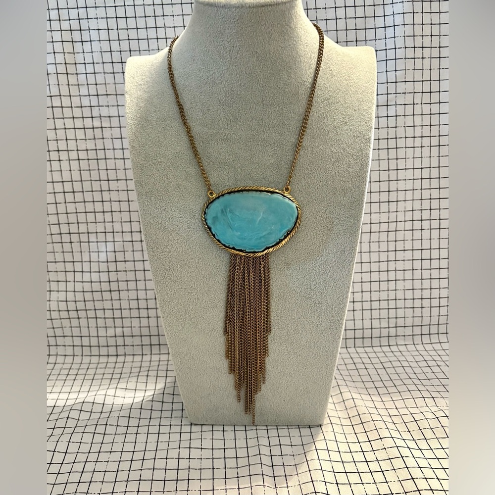 Gold + Turquoise Toned Chain Dangle Statement Nec… - image 1